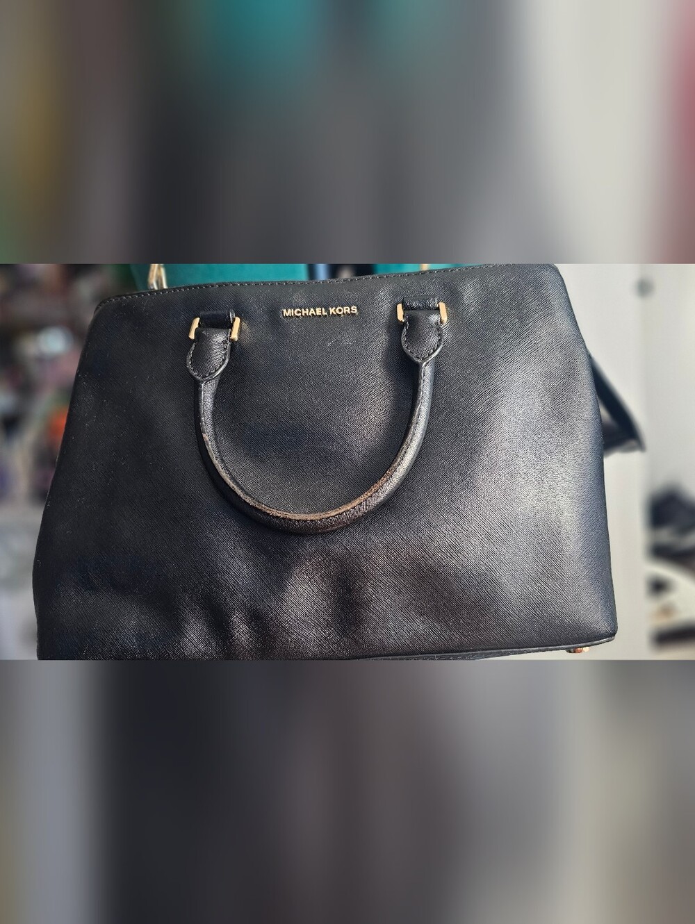 Michael Kors Black Leather Dome Satchel with Gold Hardware